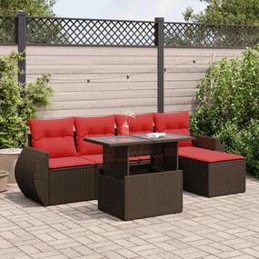 6 pcs conj. sofás jardim c/ almofadões vime PE/acácia castanho