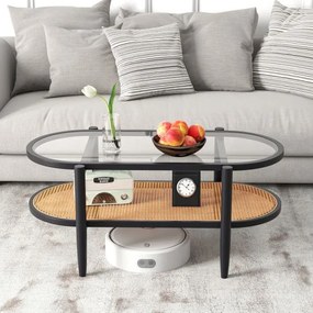 Mesa de centro oval de dois níveis com tampo em vidro temperado 102 x 46 x 46 cm, estante em vime e estrutura em madeira curvada para sala de estar ou