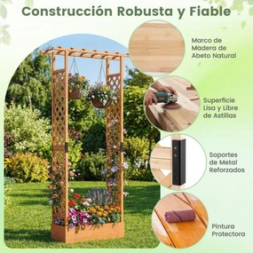 Floreira de jardim 110 x 35 x 227 cm elevada em madeira com treliça, teto suspenso, orifícios de drenagem, abeto, para plantas trepadeiras, laranja
