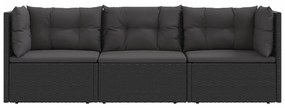 3 pcs conjunto lounge de jardim c/ almofadões vime PE preto