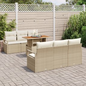 Conjunto de Sofá de Jardim vidaXL de 7 Peças com Almofadas Bege Rattan