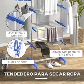 Estendal para Roupa Dobrável 80x55x152cm com 6 Rodas e 3 Prateleiras com Altura Ajustável de Aço Inoxidável Prata e Azul