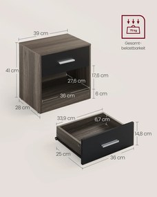 Mesa Cabeçeira ou de apoio com gaveta e compartimento aberto 28 x 39 x 41 cm Castanho e Preta