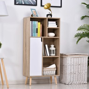 Móvel Aparador Alto Armário Auxiliar de Sala de Estar com 5 Compartimentos e 1 Porta Multiuso para Sala de Jantar Cozinha Dormitório 60x30x121cm Carvalho e Branco