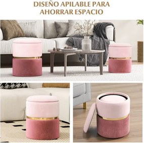 Conjunto de 2 Pufes redondos estofados com 32 L e 21 L de espaço de arrumação e assento almofadado com esponja Rosa