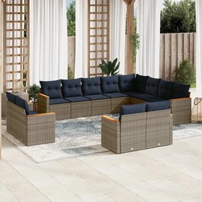 vidaXL 12 pcs conjunto sofás p/ jardim c/ almofadões vime PE cinzento