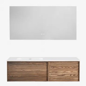 Conjunto De Móvel De Casa De Banho Suspenso 140x50 Cm Em Madeira Com Lavatório Integrado Solea Castanho Fresno & Retangular Led - Sklum