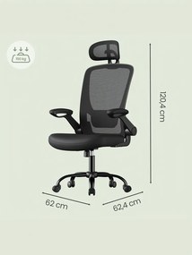 Cadeira de escritório ergonómica, giratória com função de balanço, em malha preta