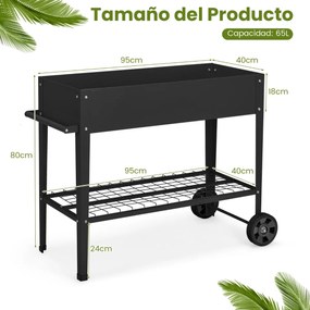 Floreira de jardim elevada 95 x 40 x 80 cm com pernas e prateleira inferior com rodas e pernas de metal preto