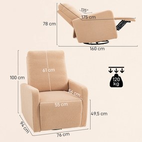 Poltrona Relax Reclinável Manual Poltrona Relax de Borreguito com Função de Baloiço 360° Reclinável até 135º 76x94x100 cm Castanho Claro