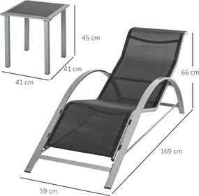 Conjunto de 2 espreguiçadeiras de design contemporâneo com mesa de centro com tampo em vidro temperado, metal com revestimento epóxi e textilene cinze