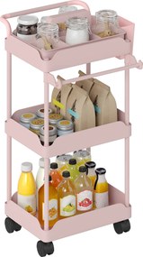 Carrinho Auxiliar com Rodas de 3 Níveis com Cestos Extraíveis Suporte para Toalhas e Estrutura de Metal 42x42,5x76 cm Rosa