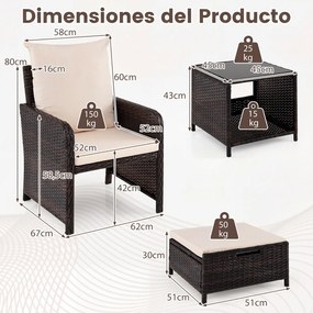 Conjunto de 5 Peças, 2 Cadeiras de Jardim, Mesa Auxiliar e 2 Apoios para os Pés, 45,5 x 45,5 x 43 cm, Almofadas de Alta Densidade, Bege