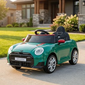 Carro elétrico para Crianças Mini Cooper 12V, Rodas Eva, Assento Couro ecológico Verde