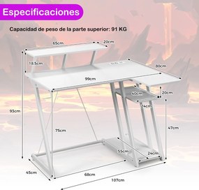 Secretaria computador em forma de L com tomadas eléctricas e Portas USB Gancho para auscultadores Estante para arrumação Branca