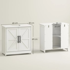 Móvel casa banho para lavatório (NÃO INCLUIDO) 60 x 30 x 60 cm, com 2 portas magnéticas em estilo rústico e prateleiras,  branco