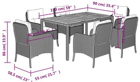 7 pcs conjunto de jantar p/ jardim c/ almofadões vime PE preto