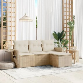 4 pcs conjunto de sofás para jardim c/ almofadões vime PE bege