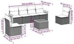 7 pcs conjunto sofás p/ jardim c/ almofadões vime PE cinzento