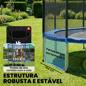 Trampolim para Crianças Exterior Ø305 cm com Rede de Segurança Escada Acolchoamento de Molas Azul