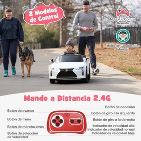 Carro elétrico para crianças Lexus com licença oficial com bateria 12V e controlo remoto 2.4G Luzes LED brilhantes e música Branco