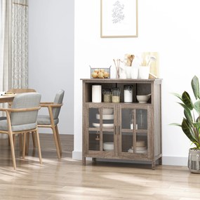 HOMCOM Aparador de Cozinha Armário Buffet com 2 Portas de Vidro e 2 Compartimentos Abertos Móvel Auxiliar de Armazenamento para Sala de Jantar Sala de Estar 90x40x100cm Carvalho