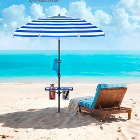 Guarda-sol praia160 cm, dobrável em ambos os lados em 30°, altura ajustável, azul e branco