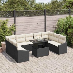 Conjunto de Sofá de Jardim de 10 Peças com Almofadas em Rattan Preto