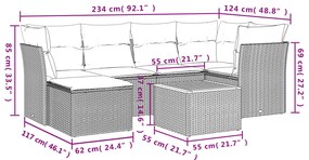 7 pcs conjunto sofás p/ jardim c/ almofadões vime PE cinzento