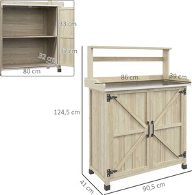 Bancada de Jardinagem, mesa de jardinagem, armário, prateleiras e tabuleiro com patins antiderrapantes, 90,5 x 41 x 124,5 cm, madeira natural