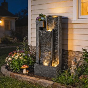 Fonte de Água Decorativa com Iluminação LED e Vaso Fonte de Jardim Exterior em Cascata de 3 Níveis com Bomba Resistente à Intempérie para Jardim Pátio