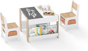 Conjunto de mesa e cadeira para crianças 4 em 1 Mesa de atividades para crianças com painéis dupla face e prateleiras laterais 2 cadeiras Natural