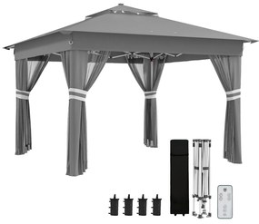 Outsunny Tenda Dobrável 336x336 cm com Teto Duplo 4 Paredes Laterais 20 Luzes LED Solares e Altura Ajustável Cinza | Aosom Portugal