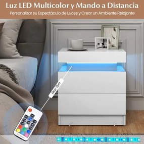 Mesa de cabeceira com luzes LED, 2 gavetas de arrumação, acabamento brilhante e textura de mármore branca