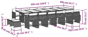 17 pcs conj. jantar jardim c/ almofadões vime PE cinzento-claro