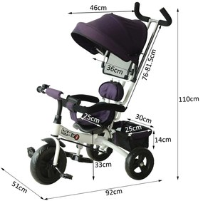 Triciclo para Crianças com Capota– Cor: Roxo e Branco– Ferro, Plástico e Tela– 92 x 51 x 110 cm