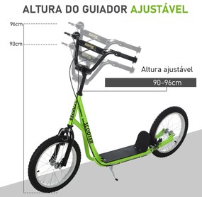 Trotinete com Guiador Ajustável 2 Pneus de Borracha Insufláveis com Travagem Dupla e Rodas 16" 139x58x90-96 cm Verde