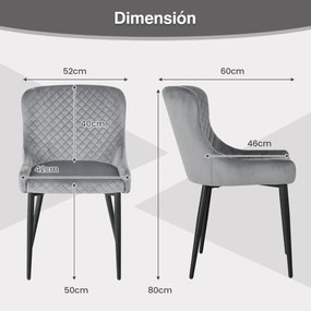 Conjunto de 2 cadeiras de jantar com pernas de metal e almofadas ajustáveis ​​Cadeira de cozinha moderna para sala de estar 60 x 52 x 80 cm cinza