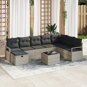 Conjunto de Sofá de Jardim de 9 Peças com Almofadas Cinza Claro Vime P