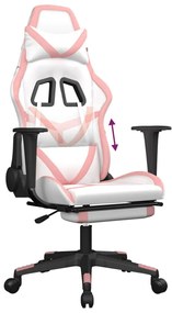 Cadeira gaming com apoio p/ pés couro artificial branco e rosa