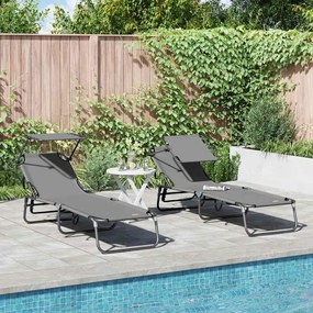 vidaXL Cadeiras de Sol Reclináveis Dobráveis 2 pçs com Toldo Cinza 600D Tecido Oxford