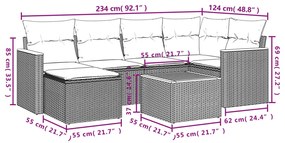 7 pcs conjunto de sofás p/ jardim c/ almofadões vime PE preto