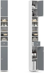 Armário de casa de banho alto e estreito com 2 portas, 1 gaveta e 5 prateleiras ajustáveis 20x20x180 cm cinza e branco