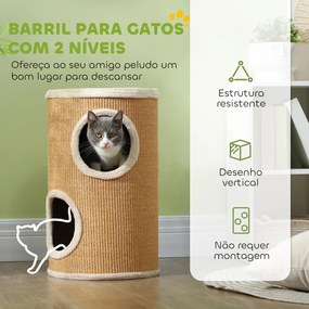Barril Arranhador para Gatos de 2 Andares Arranhador para Gatos com 2 Cavernas e Cobertura de Sisal Ø35x60 cm Castanho