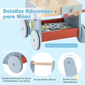 Andador de madeira para bebés Brinquedos de ferramentas para bebés com arrumação inferior 30 x 30 x 47 cm Azul
