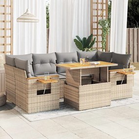 7 pcs conjunto sofás jardim com almofadões vime PE/acácia bege