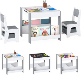 Conjunto de mesa e cadeiras para crianças Mesa de atividades em madeira com tampo reversível Prateleiras para livros e gavetas Cinzento + Branco