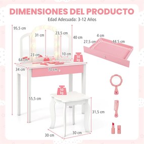 Conjunto de Toucador infantil Princesa 2 em 1 com espelho removível, luzes ajustáveis, banquinho e gaveta em imitação de madeira para maiores de 3 ano