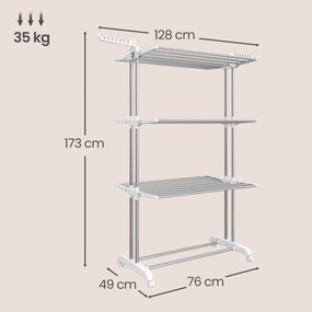 Estendal roupa com rodas, 4 níveis 63,5 x 128 x 173 cm, alas rebatíveis, estendal de chão, montagem fácil branco e prateado