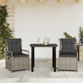 3 pcs conjunto de jantar p/ jardim c/ almofadões vime PE cinza